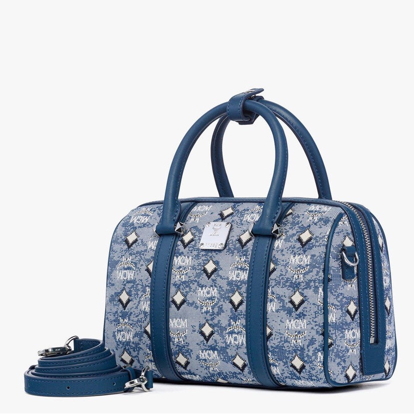 Mcm Blue Denim Visetos Boston Bag With Detachable Strap Nwt With Dustbag, Cards
